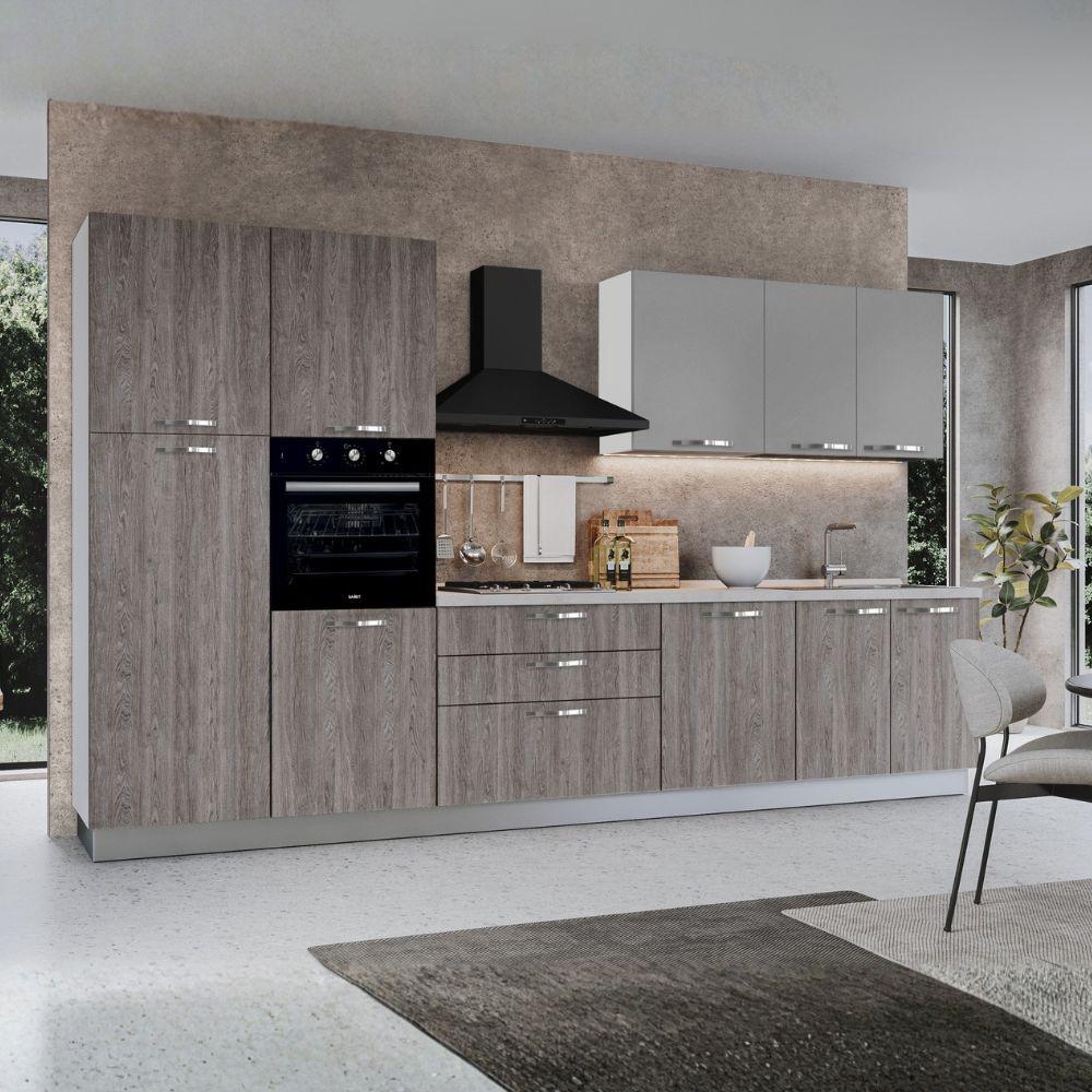 Cucina reversibile Iris 360 cm con cassa bianca base e colonne forest grigio e pensili grigio chiaro