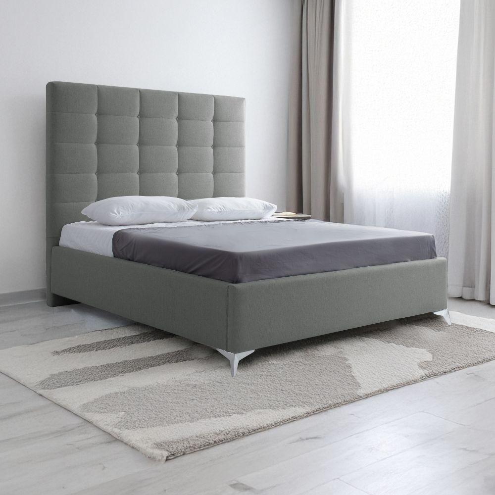 Letto matrimoniale Napoli Grande imbottito con contenitore in tessuto barrel 83 grigio chiaro con bottoni