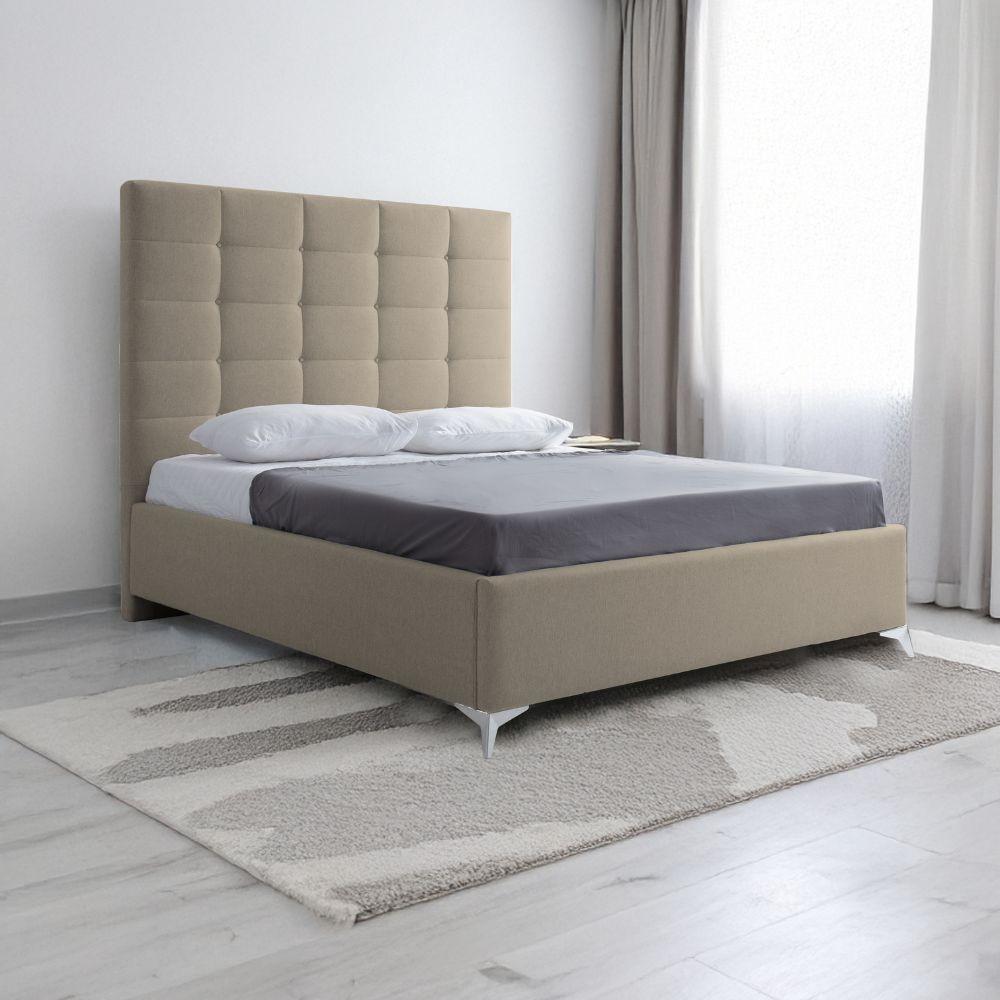 Letto matrimoniale Napoli Grande imbottito con contenitore in tessuto barrel 09 cappuccino con bottoni
