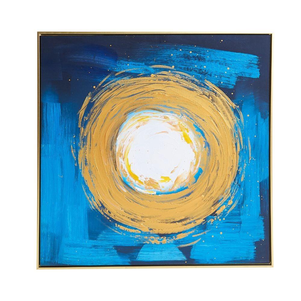 Quadro astratto oro blu su tela con cornice oro 80x80 cm. Quadro4