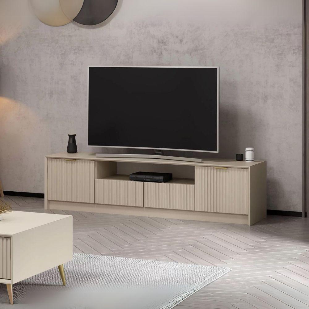 Porta tv Kale con 4 ante effetto cannettato e nicchia a giorno con maniglie oro