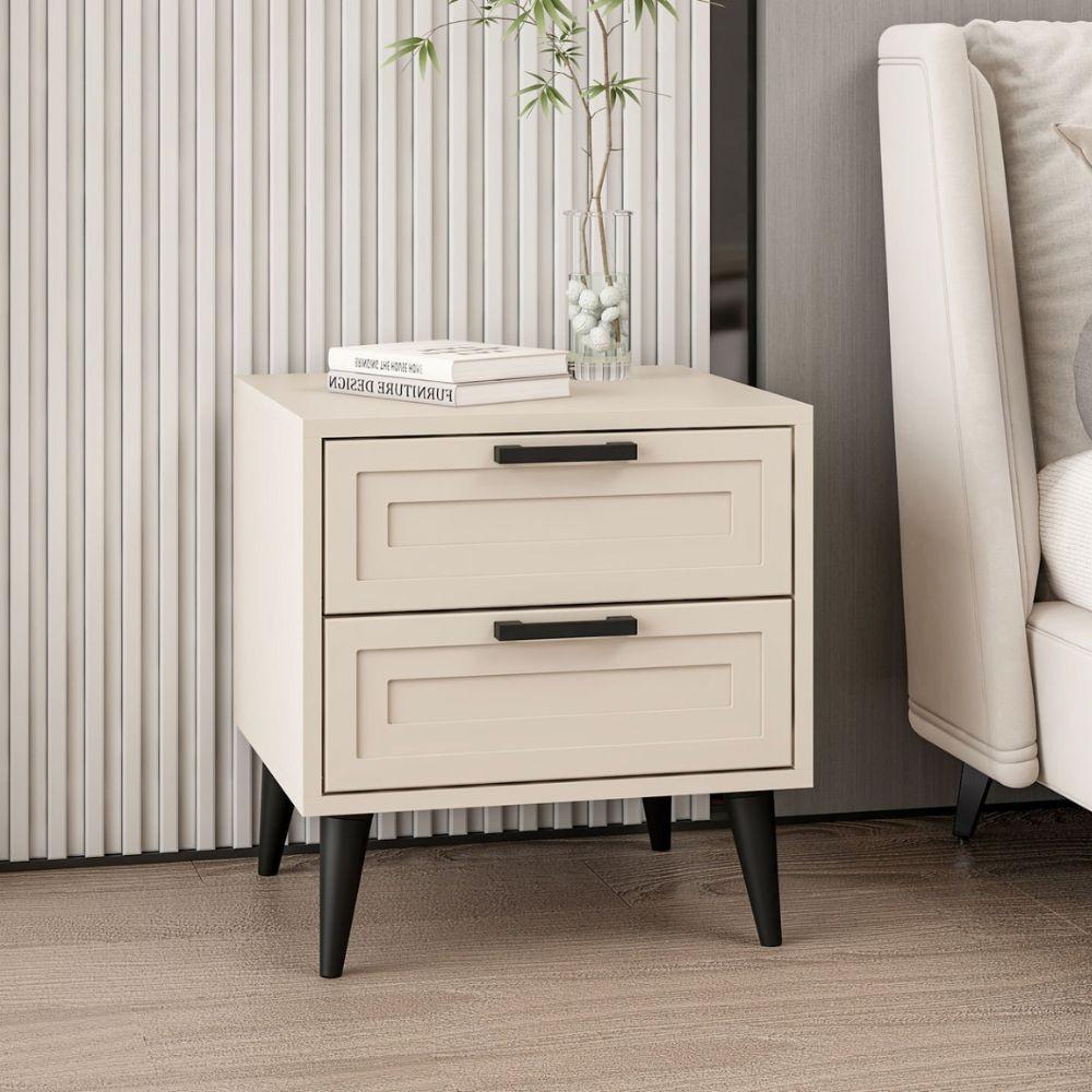 Comodino Prime con 2 cassetti colore cashmere con maniglie e piedini neri