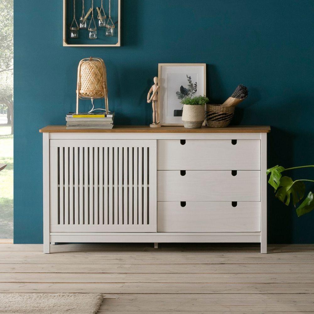 Credenza Bruna con 1 anta scorrevole e 3 cassetti in legno massiccio colore bianco e top pino