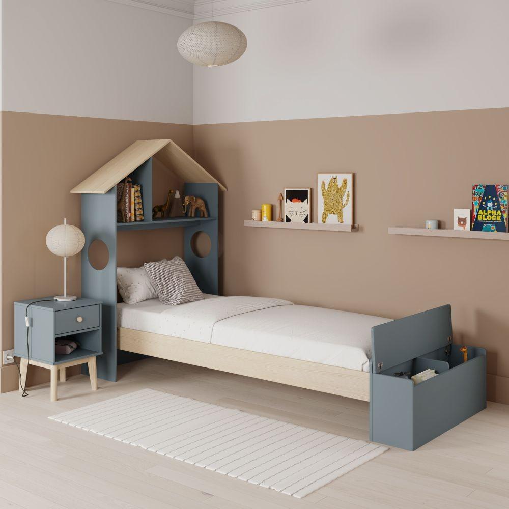 Letto singolo Odessa con testiera casetta e pediera contenitore in legno massiccio colore verde cachi e pino