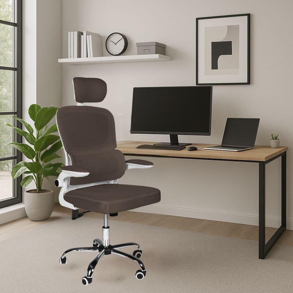 Sedia da ufficio ergonomica Vibes con struttura bianca e seduta in tessuto a rete tortora con base cromata