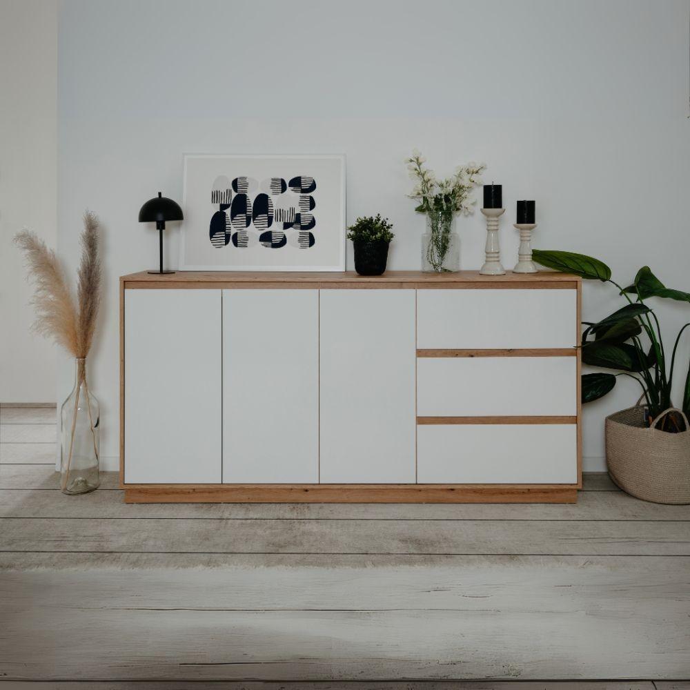 Credenza Phoenix 51A 3 ante e 3 cassetti con struttura rovere e frontali bianco