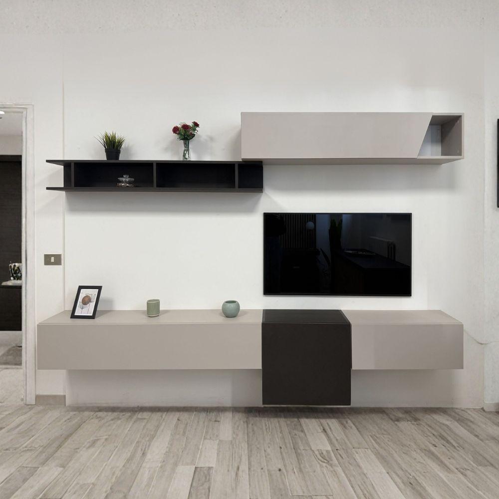 Parete attrezzata Glamour sospesa in cashmere e lava 262x30x200H cm.