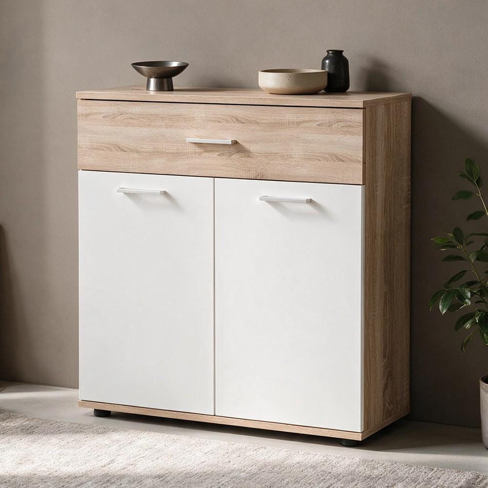 Mobile multiuso Irys con 2 ante e un cassetto colore bianco e rovere sonoma