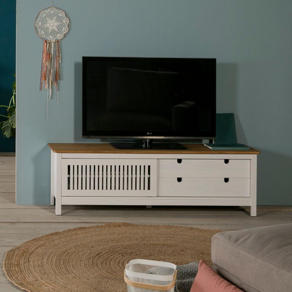 Mobile porta tv Bruna con 1 anta scorrevole e 2 cassetti in legno massiccio bianco e top pino
