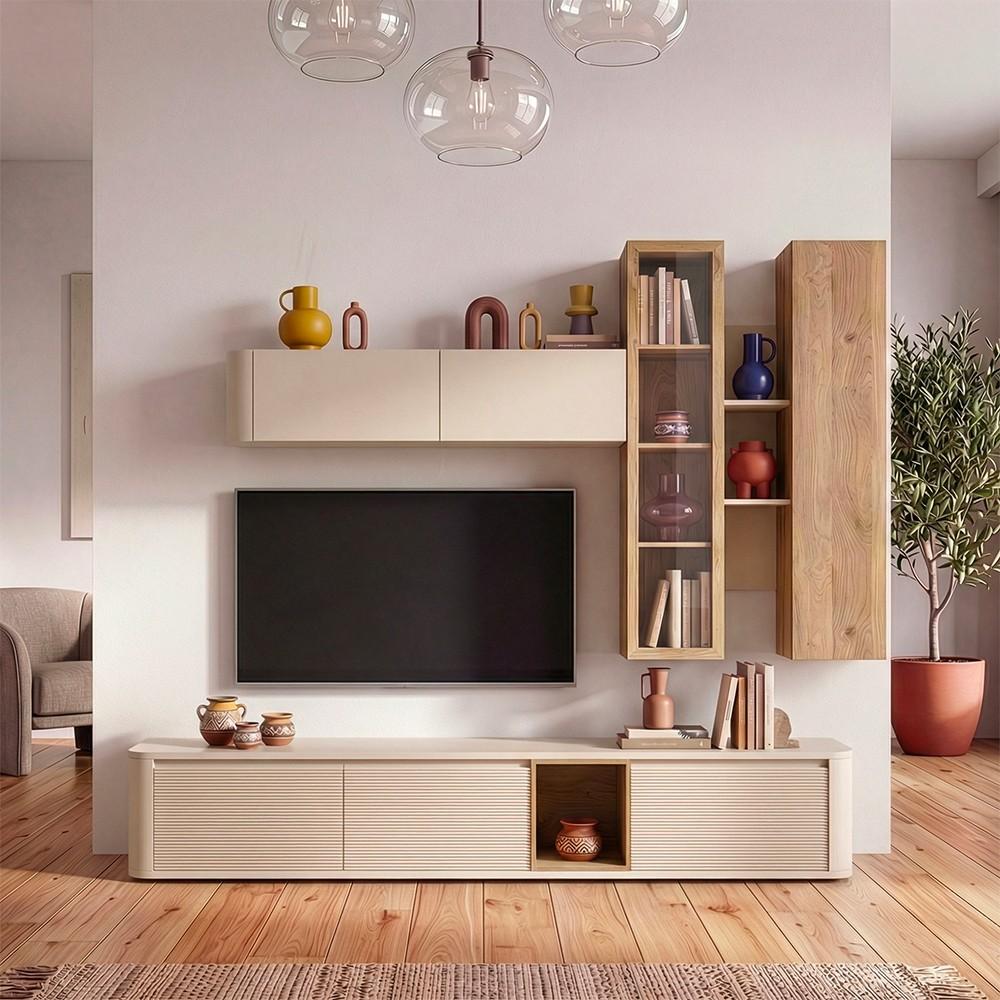 Soggiorno parete attrezzata Core grande con porta tv e pensili in colore rovere e cashmere