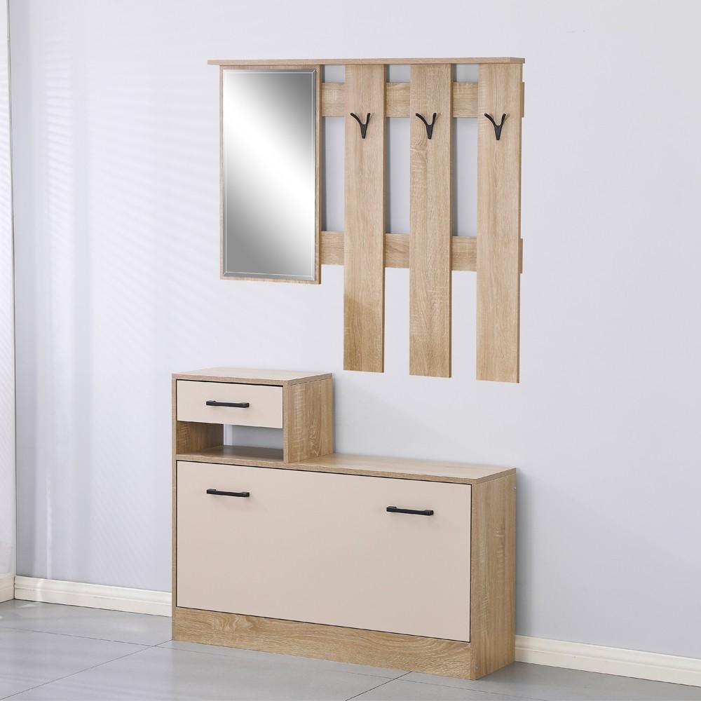 Mobile ingresso Rudolf XL con specchio e scarpiera colore rovere e beige