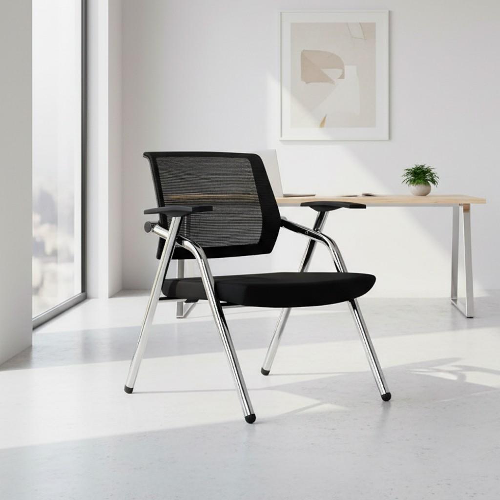 Sedia ufficio pieghevole Fabula con gambe in acciaio cromato e schienale in rete colore nero