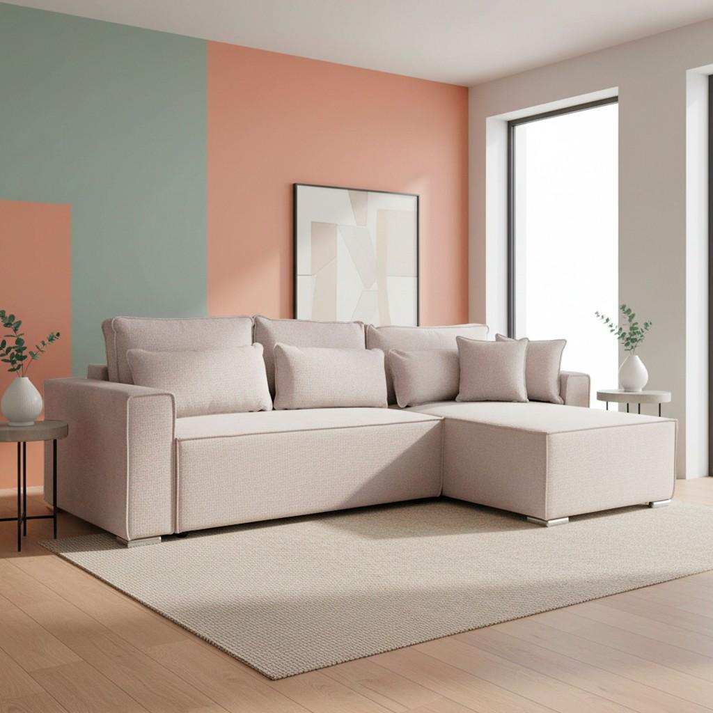 Divano angolare Emily con funzione letto easy open con contenitore e penisola reversibile cuscini decorativi in Neve 03 beige