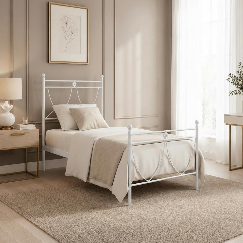 Letto in ferro singolo Melissa con decori floreali in bianco opaco