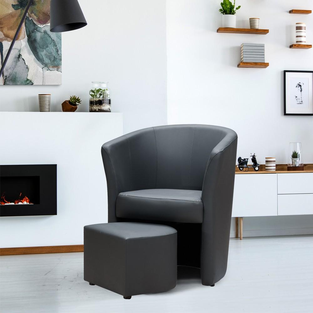 Poltrona Pegasus con pouf estraibile in ecopelle grigio scuro
