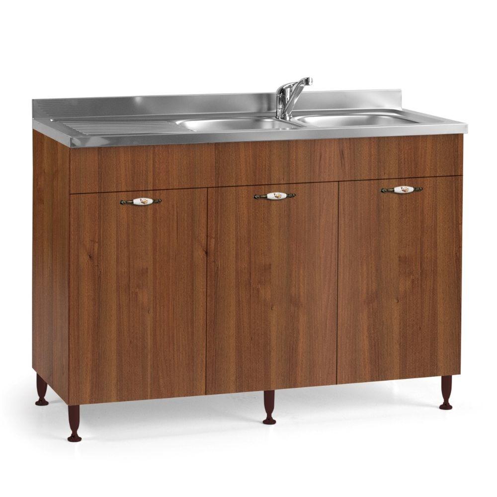 Sottolavello 120x50x85H cm con 3 ante noce antico lavello incluso