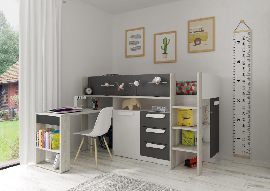 Letto a soppalco 6020 bianco antracite con scrivania estraibile reversibile