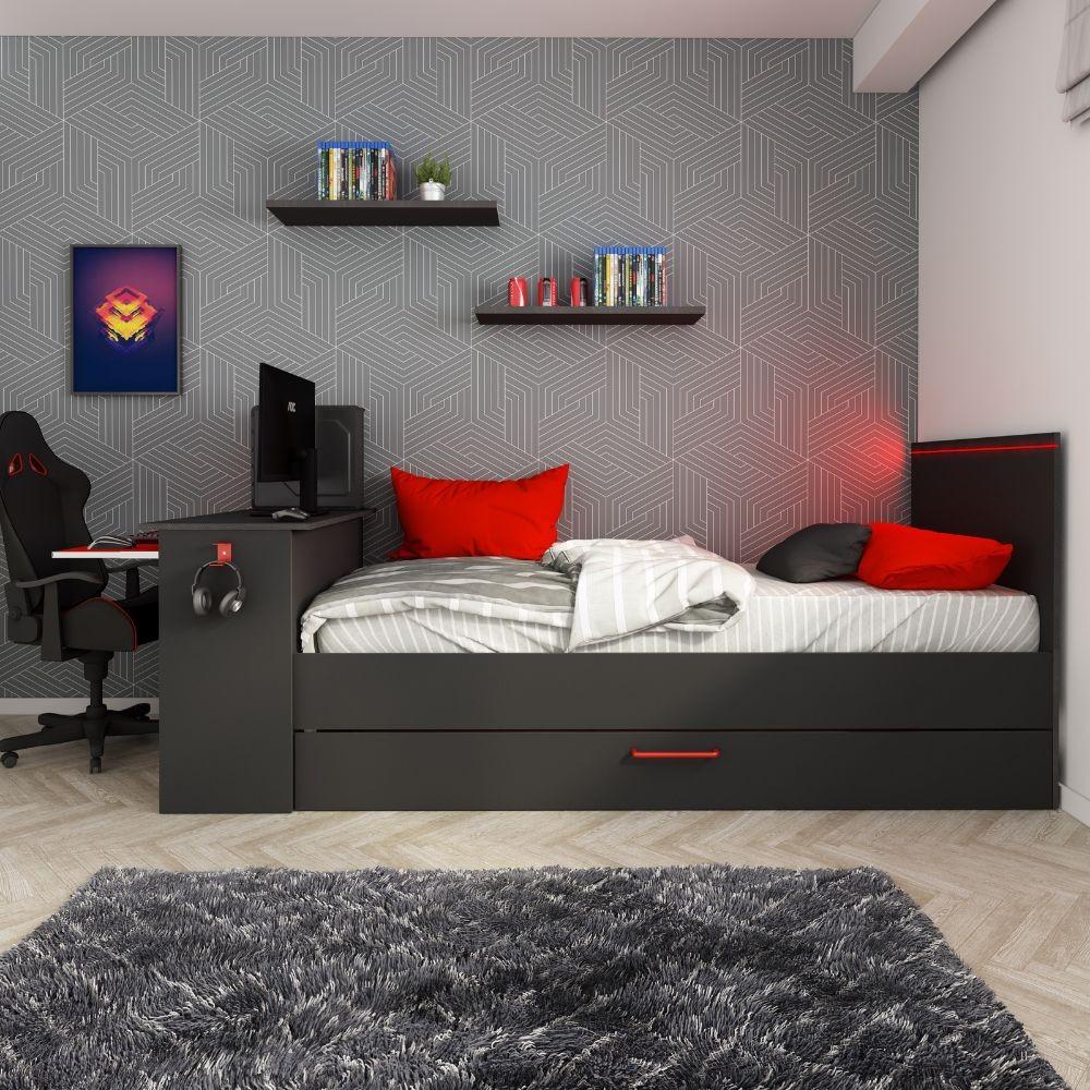 Cameretta 5040 con letto singolo con letto estraibile e scrivania incorporata colore antracite e rosso reversibile
