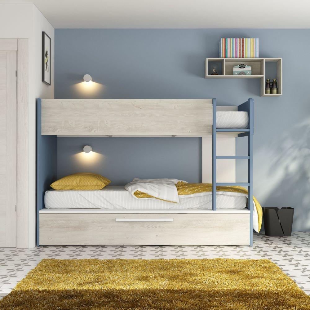 Cameretta con letto a castello con letto estraibile colore bianco consumato e azzurro reversibile