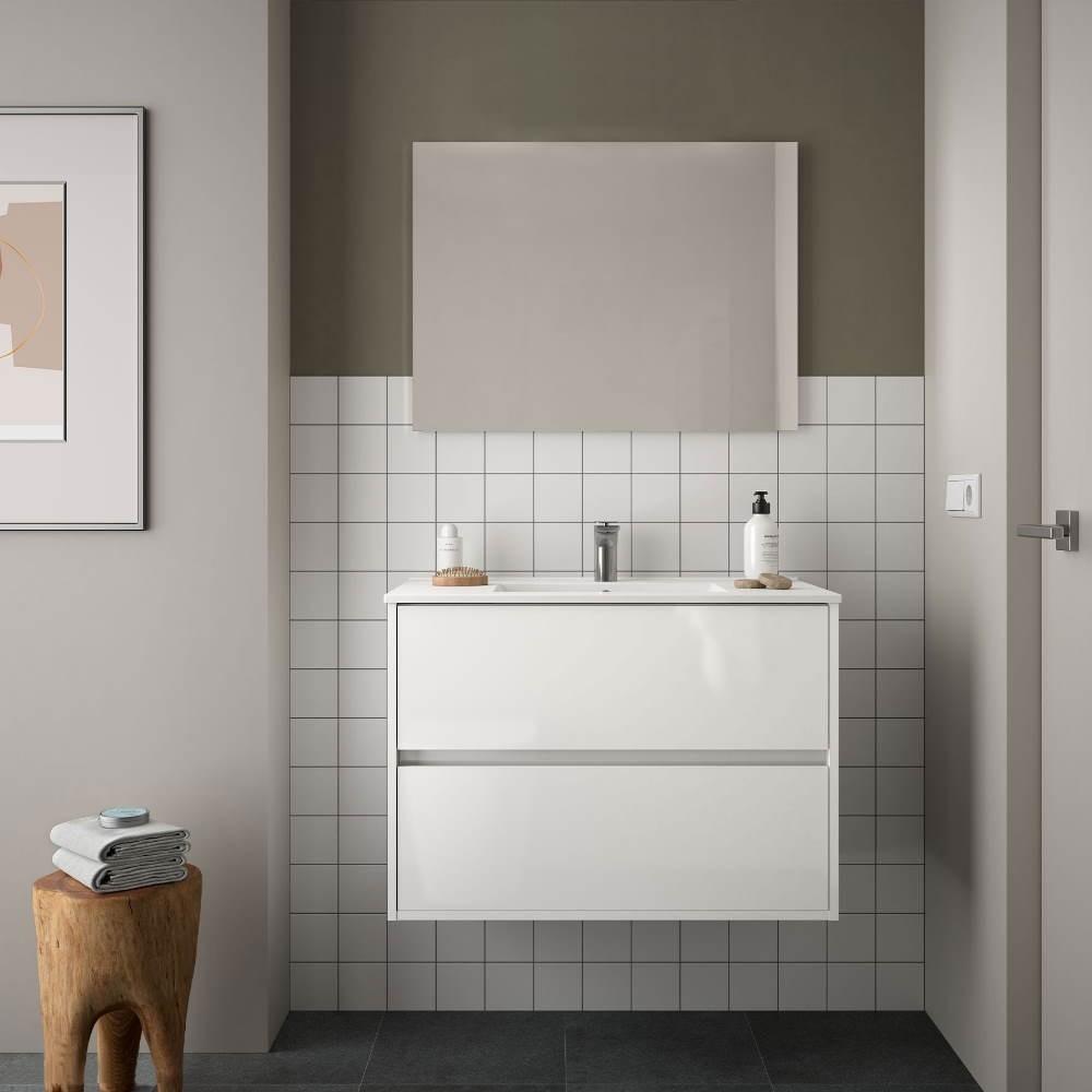 Mobile bagno sospeso Tovel con lavabo e specchio bianco lucido 80x46x54 H